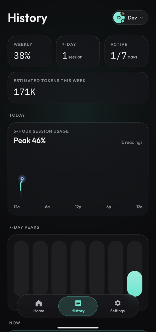 History screen: weekly stats, today's usage curve and 7-day peaks