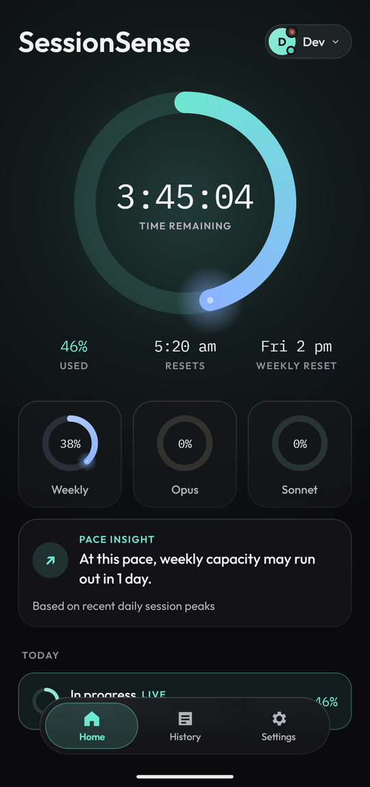 Home screen: live 5-hour session ring with time remaining, weekly, Opus and Sonnet quotas
