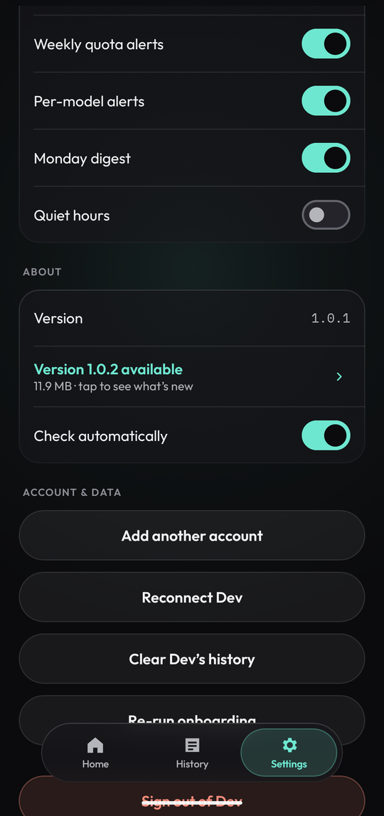 Settings screen with alerts, quiet hours and About