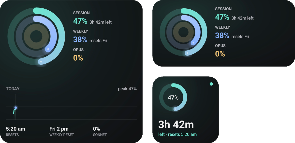 SessionSense home-screen widgets: Today, Activity rings and Session ring